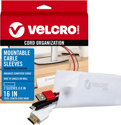 VELCRO Brand Mountable Cable Sleeve | Cord Management Mounts on Walls, Desk or Entertainment Center | Removable Adhesive is Damage Free | 8in Black, 2pk, 8in - 2Pk