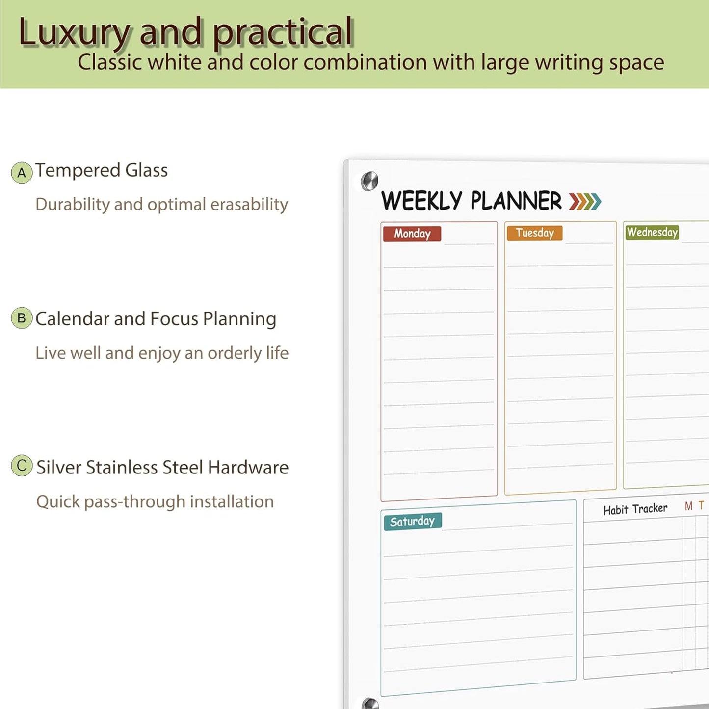 Glass Colorful Weekly Dry Erase Calendar Whiteboard for Wall,24"x 36",Frameless Mounting,Office/School/Home, Frameless Large Planner White Board