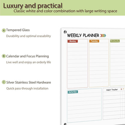 Glass Colorful Weekly Dry Erase Calendar Whiteboard for Wall,24"x 36",Frameless Mounting,Office/School/Home, Frameless Large Planner White Board