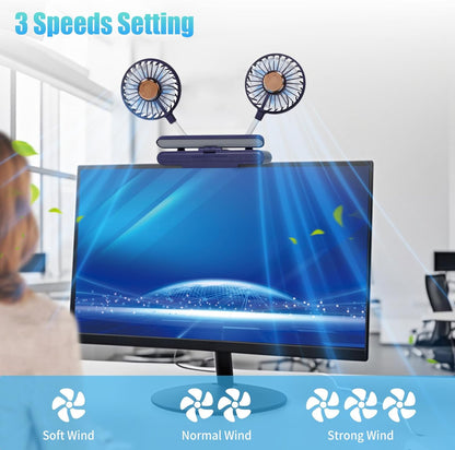 Monitor Fan with LED Lights, USB Desktop Fan with 2 Rotatable Heads, 3 Speeds Desk Fans Small Quiet with Sturdy Adjustable Clamp, Strong Wind Office Personal Cooling Fans for Laptop, Desktop.