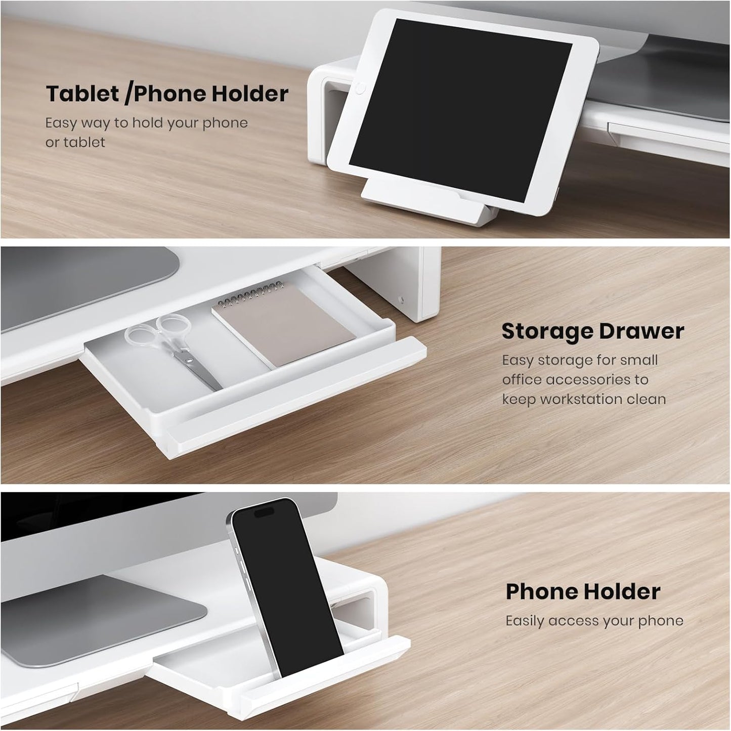 Klearlook Computer Monitor Stand for Desk, Adjustable Foldable Monitor Riser with Storage Drawer & Tablet Phone Holder for Office, Home, Laptop, Desktop (Black)