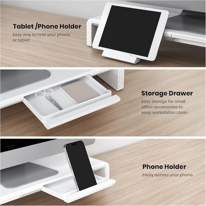Klearlook Computer Monitor Stand for Desk, Adjustable Foldable Monitor Riser with Storage Drawer & Tablet Phone Holder for Office, Home, Laptop, Desktop (Black)