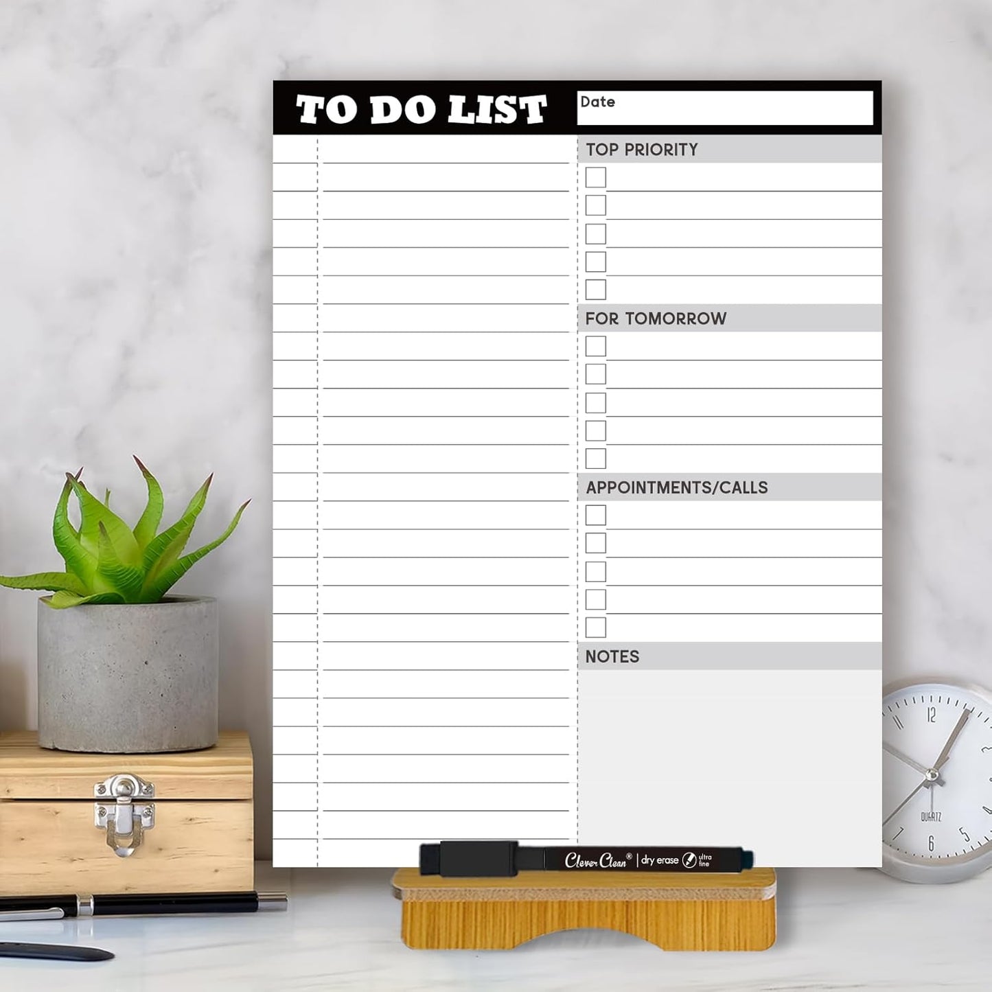 Dry Erase Desk Planning Board - Reusable Desktop Daily Planning Board, Work to-do List - 11"x8.5" Tabletop Dry Erase Board with Stand - Marker Included