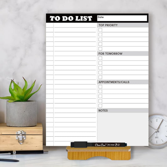 Dry Erase Desk Planning Board - Reusable Desktop Daily Planning Board, Work to-do List - 11"x8.5" Tabletop Dry Erase Board with Stand - Marker Included