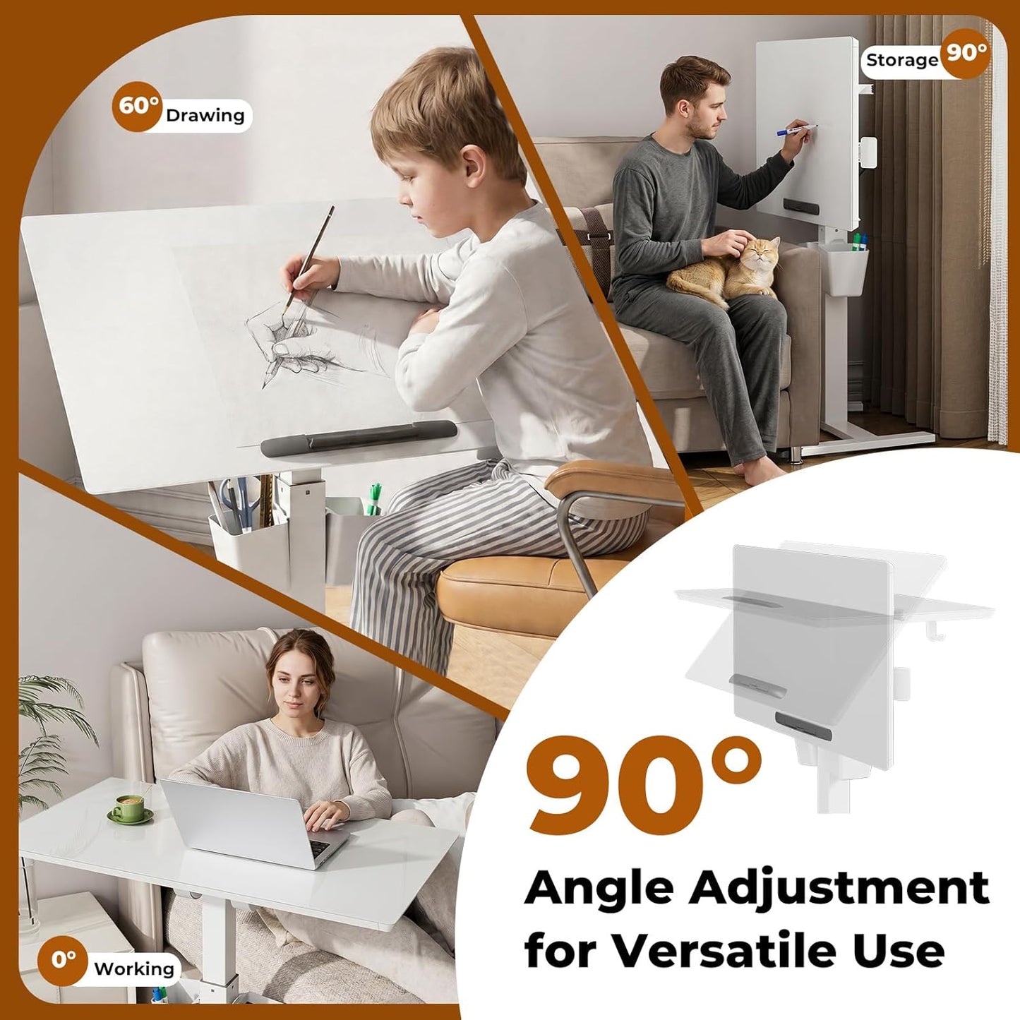 35" Small Glass Mobile Standing Desk, Portable Laptop Cart with Storage & 90° Tilt, Height Adjustable, Rolling Whiteboard on Wheels for Office Home School, White