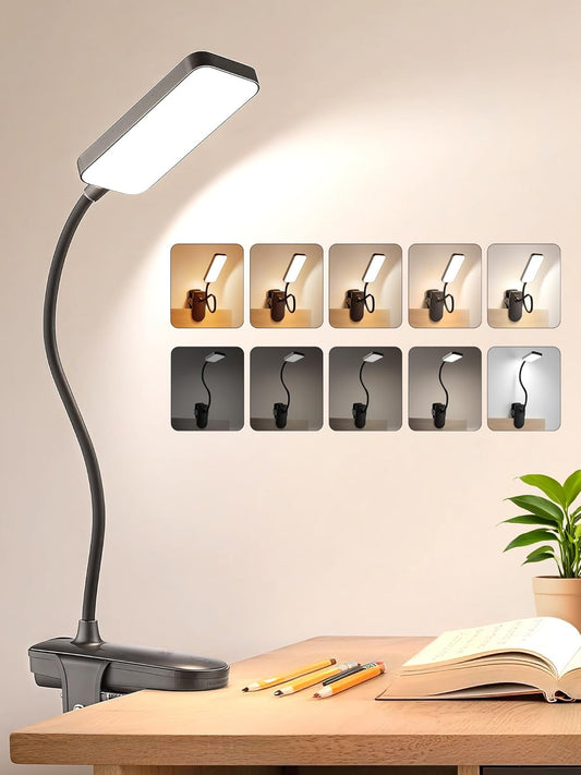 Clip on Light,9 Brightness+5 Colors Rechargeable Desk Lamp with Clamp,4000mAh Battery Operated Lamp,450 Lumen 48 LED Desk Light,Wireless & Cordless Reading Light for Bed/Bedside Table/Dorm/Home Office