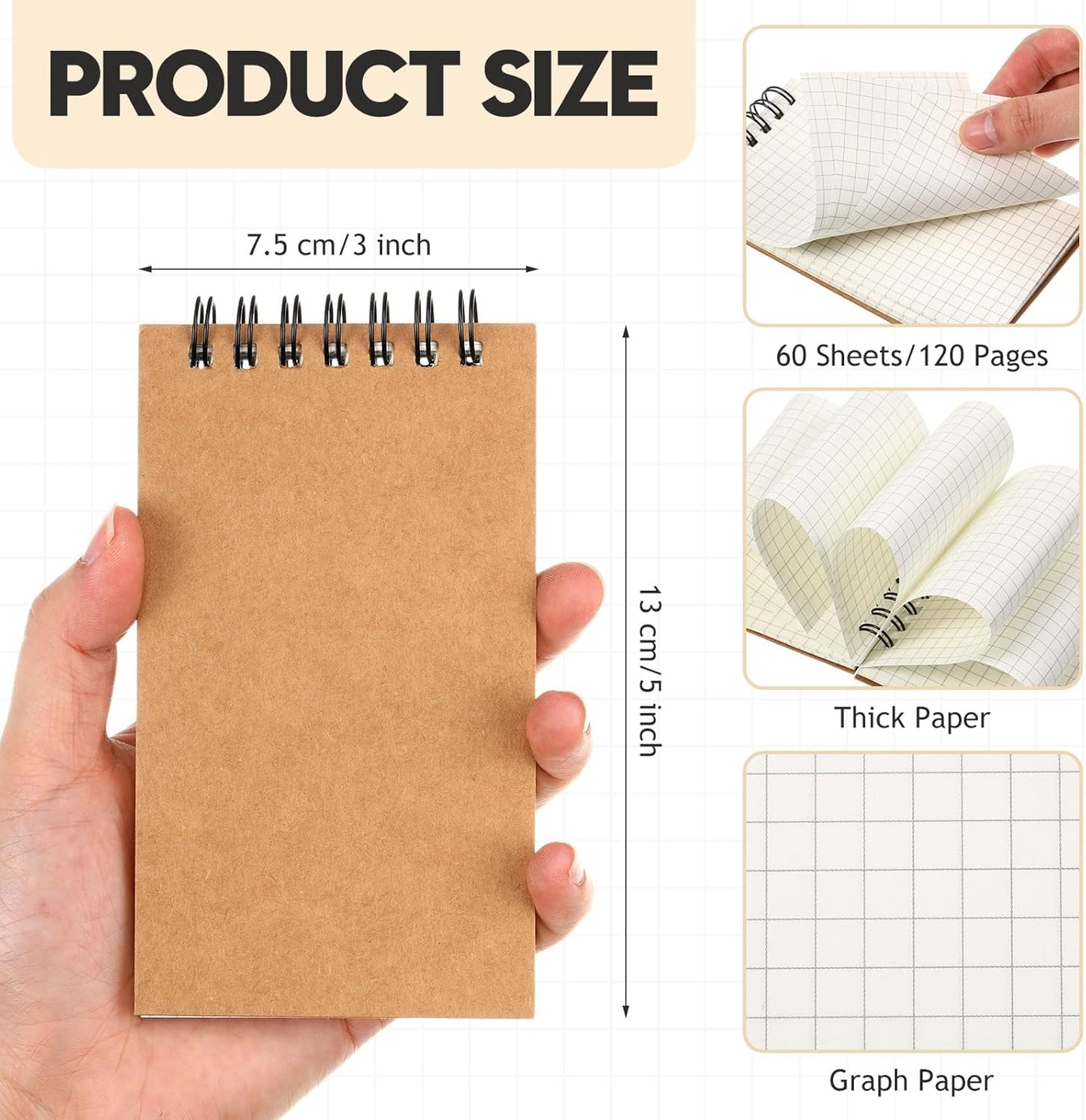 Jutom 2 Pcs Mini Pocket Notebooks Bulk 3x5 Graph Paper Top Spiral Notebook 120 Pages 80 Gsm Mini Grid Notepads for Personal Organizers Home Classroom Business Work Supplies (Kraft)