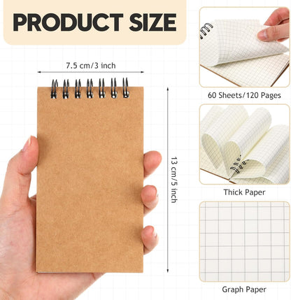 Jutom 2 Pcs Mini Pocket Notebooks Bulk 3x5 Graph Paper Top Spiral Notebook 120 Pages 80 Gsm Mini Grid Notepads for Personal Organizers Home Classroom Business Work Supplies (Kraft)