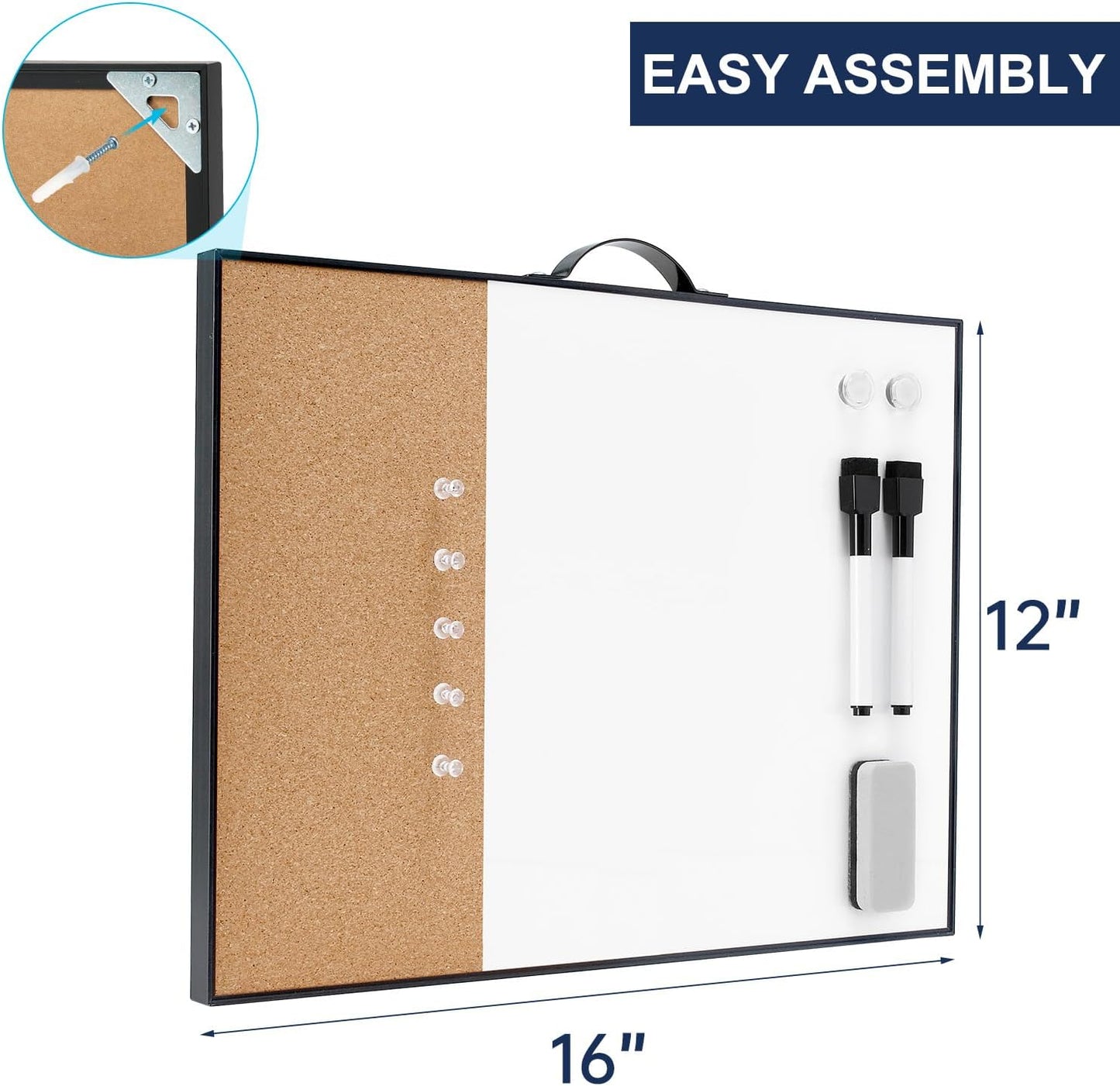 TSJ OFFICE Small Whiteboard Cork-Board - 16" X 12" Portable Aluminum Black Framed Magnetic Dry Erase Board, Small Bulletin Cork Board with Holder for Office, Home and School