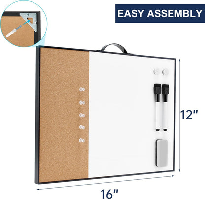 TSJ OFFICE Small Whiteboard Cork-Board - 16" X 12" Portable Aluminum Black Framed Magnetic Dry Erase Board, Small Bulletin Cork Board with Holder for Office, Home and School