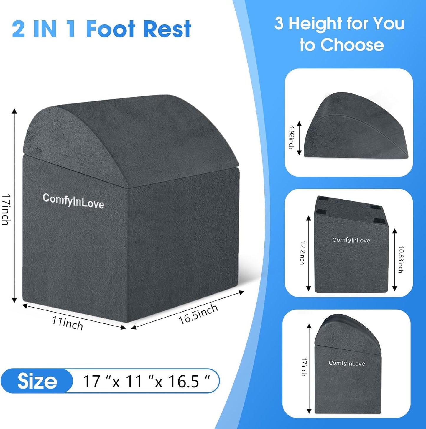 Foot Rest for Under Desk at Work - Non-Slip Foot Stool with 3 Adjustable Heights, Ergonomic Under Desk Footrest with Washable Cover for Leg Elevation, Desk, Home, Office, Car (Dark Grey)