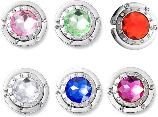 6 PCS Portable Handbag Hooks for Tables, Purse Bag Hanger Folding Holder Hook, Crystal Alloy Magic Hooks (6 Colors)