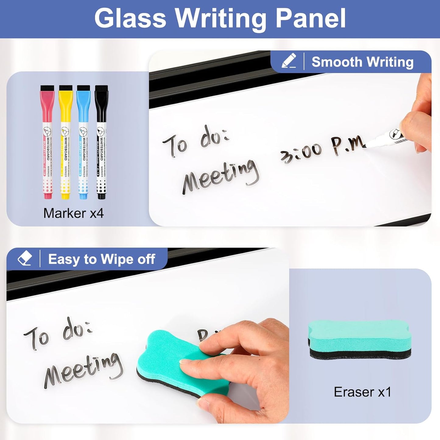 DOLLAR BOSS Glass Desk Whiteboard Calendar Small Dry Erase Board Desktop White Board with Storage Drawer Computer Keyboard Stand Desk Organizer, Colorful Weekly Calendar, Black