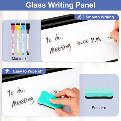DOLLAR BOSS Glass Desk Whiteboard Calendar Small Dry Erase Board Desktop White Board with Storage Drawer Computer Keyboard Stand Desk Organizer, Colorful Weekly Calendar, Black