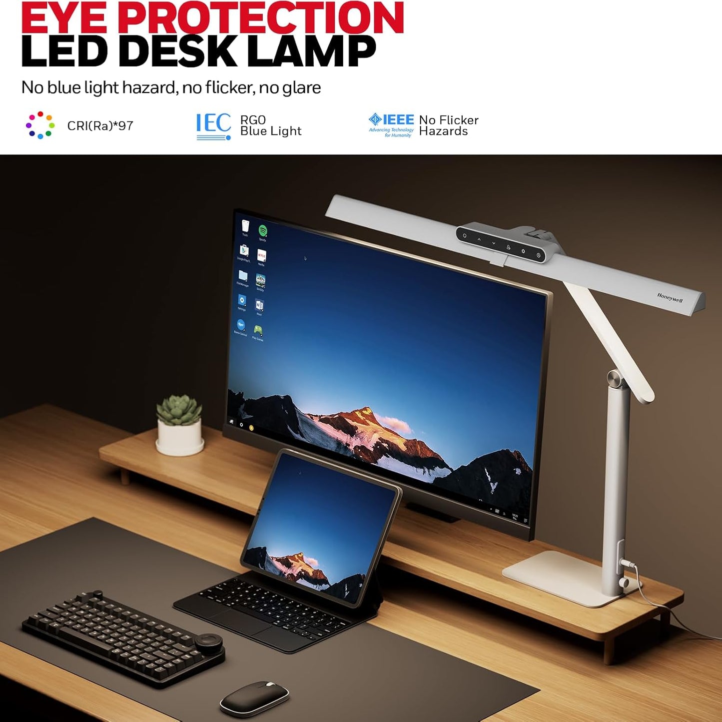 Honeywell LED Desk Lamp with Clamp - HJ1 Sunturalux Eye-Caring Clip on Lights for Home Office, 1200LM Clamp Lamp 4 Color Modes Stepless Dimming Task Desk Light for Working Black