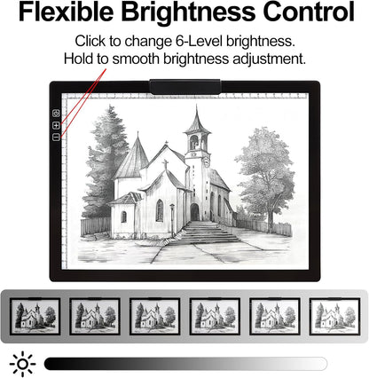 Fiqiuuiid A4 Rechargeable LED Light Pad, Tracing Light Box with 6-Level Dimmable & Light Guide artboard, Diamond Painting Light Board with Stand and Top Clip, Cordless Lightbox with Carrying Case