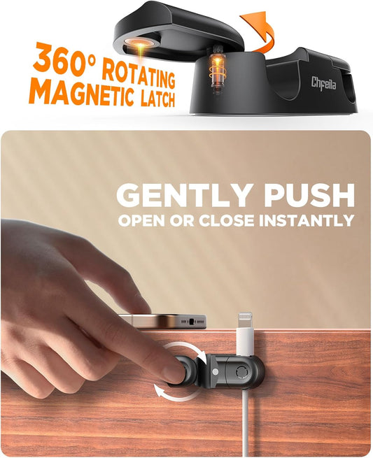 Magnetic Cable Clips - Chfeila 4Pack [Dual Slot] [360°Rotating & Twist-Lock] Cord Management, Adhesive Phone Charging Keeper, Wire Organizer Holder for Nightstand, Home Office Desk Accessories Decor