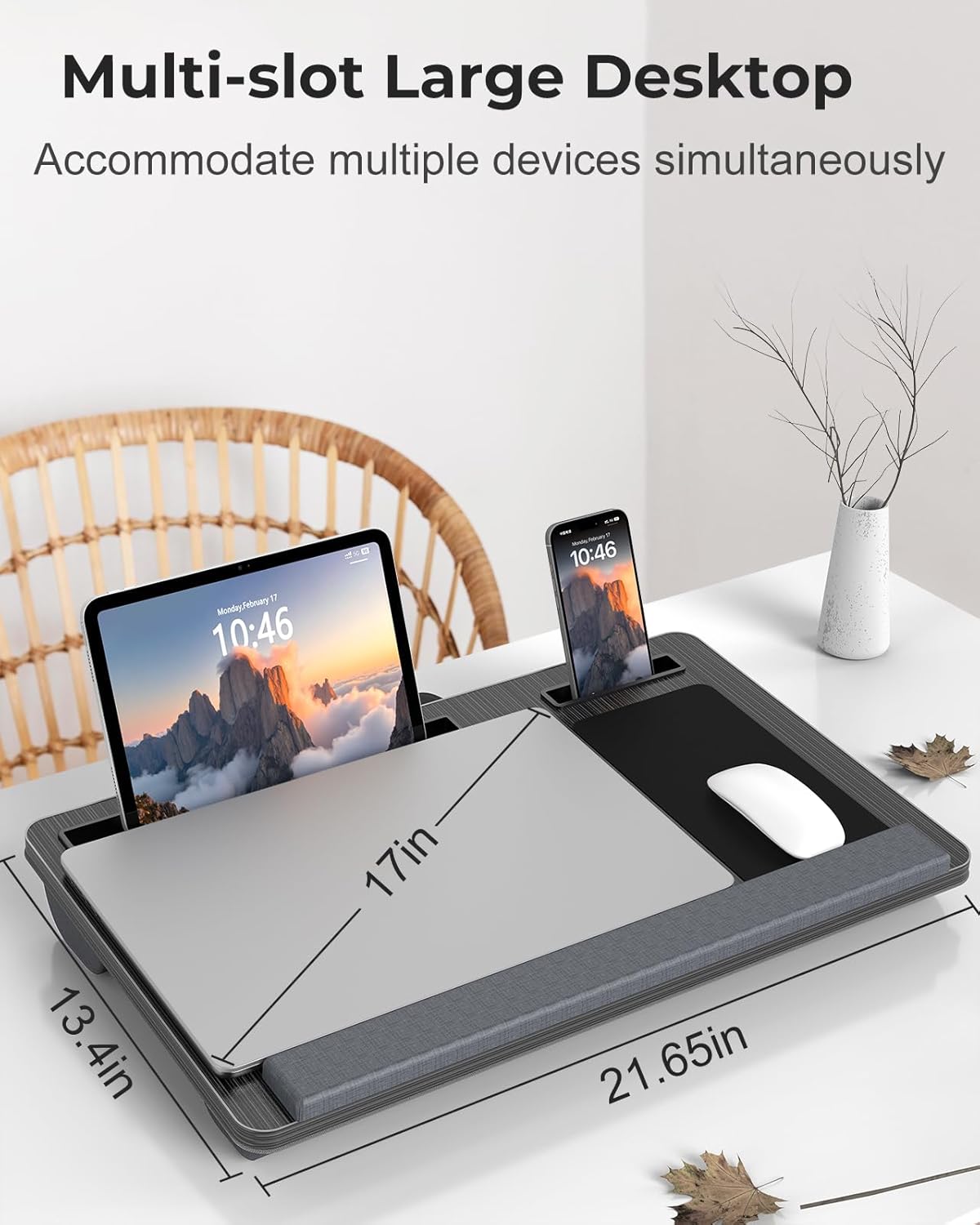 Potuopy Lap Desk - Up to 17” Laptop Tray with Wrist Rest, Portable Handle, Fixed Mouse Pad, Tablet & Phone Slots, Laptop Lap Desk with Cushion (Dark Brown)