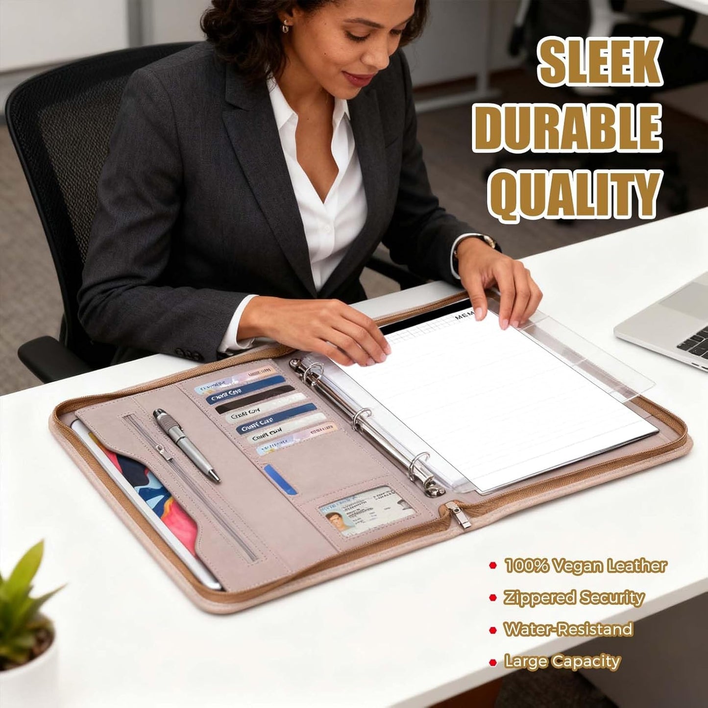 Padfolio Portfolio Folder Binder-Organizer Planner Notebook Zippered Portfolio Padfolio for Women & Men with Document Sleeve,Letter/A4 Size Clipboard,Business Card Holders (Brown Leaf)