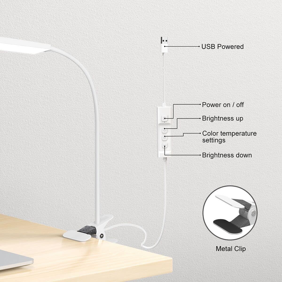 Vansuny Clip on Light LED Desk Lamp with Eye-Caring LED Light and Metal Clip, 6 Level Brightness 3 Color Modes, Power by USB Port 5W Adjustable Neck Reading Lamp for Home and Office (5W, Black)