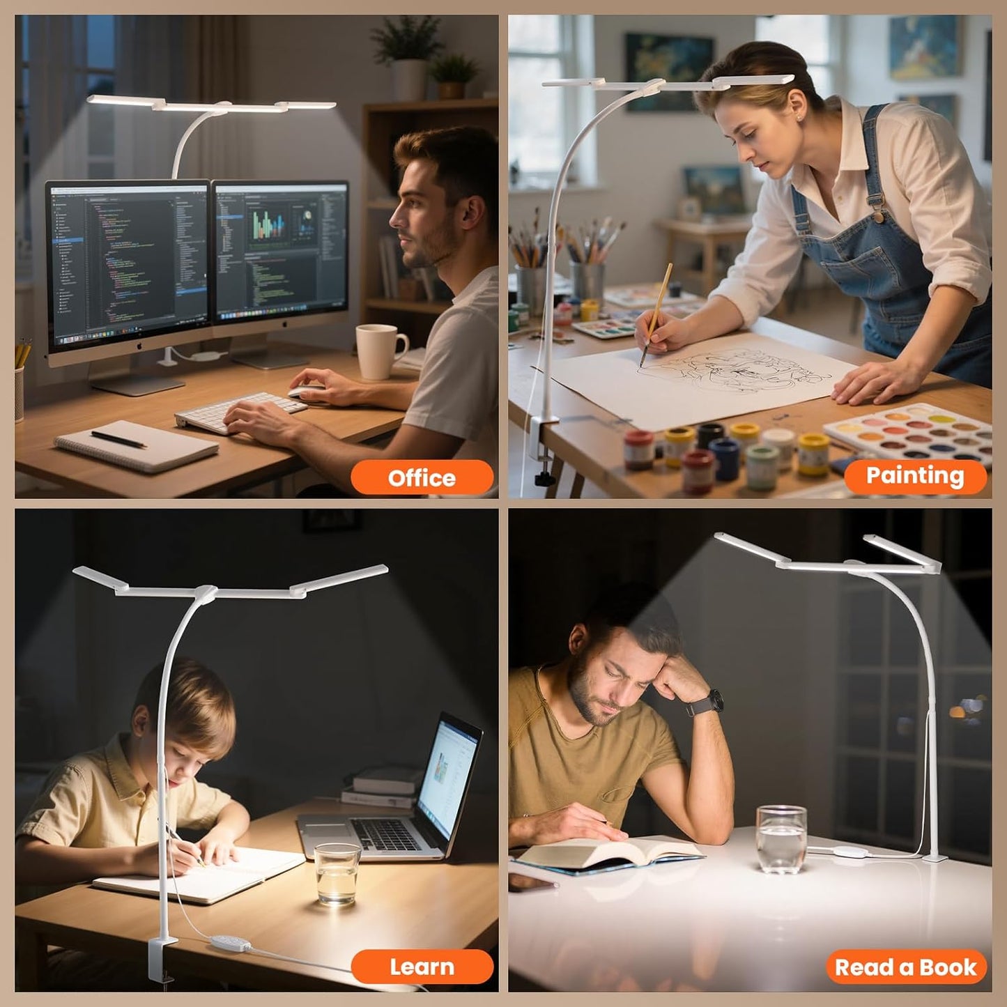 LED Desk Lamp for Office Home, 3 Light Bar Adjustable Desk Light with Clamp, Architect Table Lamp Computer Monitor Lighting, Stepless Dimming Eye-Caring Clip on Light for Workbench Reading Study Black