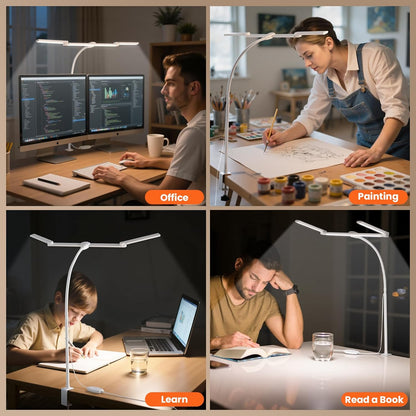 LED Desk Lamp for Office Home, 3 Light Bar Adjustable Desk Light with Clamp, Architect Table Lamp Computer Monitor Lighting, Stepless Dimming Eye-Caring Clip on Light for Workbench Reading Study Black