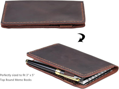 Robrasim Top Bound 3"x5" Memo Notebook Covers, Genuine Leather Cover for 3x5 Top-Spiral Notebook, Memo Book Cover Note Pad Holder Cover Only, Brown