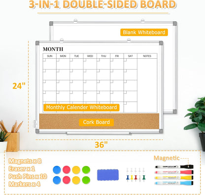Weekly Calendar Dry Erase Whiteboard for Wall, 24"x18" Magnetic Weekly Planner White Board, Double Sided Hanging Daily Planning Board for Home, Office, School, Kitchen