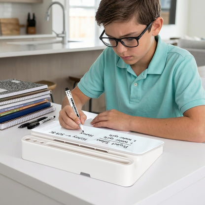 DOLLAR BOSS Glass Desk Whiteboard Calendar Small Dry Erase Board Desktop White Board with Storage Drawer Computer Keyboard Stand Desk Organizer, Colorful Weekly Calendar, Black