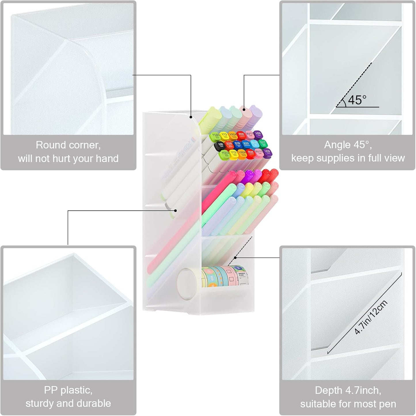 Asten Pen Holder, Pencil Holder for Desk, Pen Organizer for Office, School, Desktop, Large Capacity Pen Storage Organizer with 5 Compartment for Pens, Markers, Makeup Brush, Cosmetics (Clear, 3 Pack)