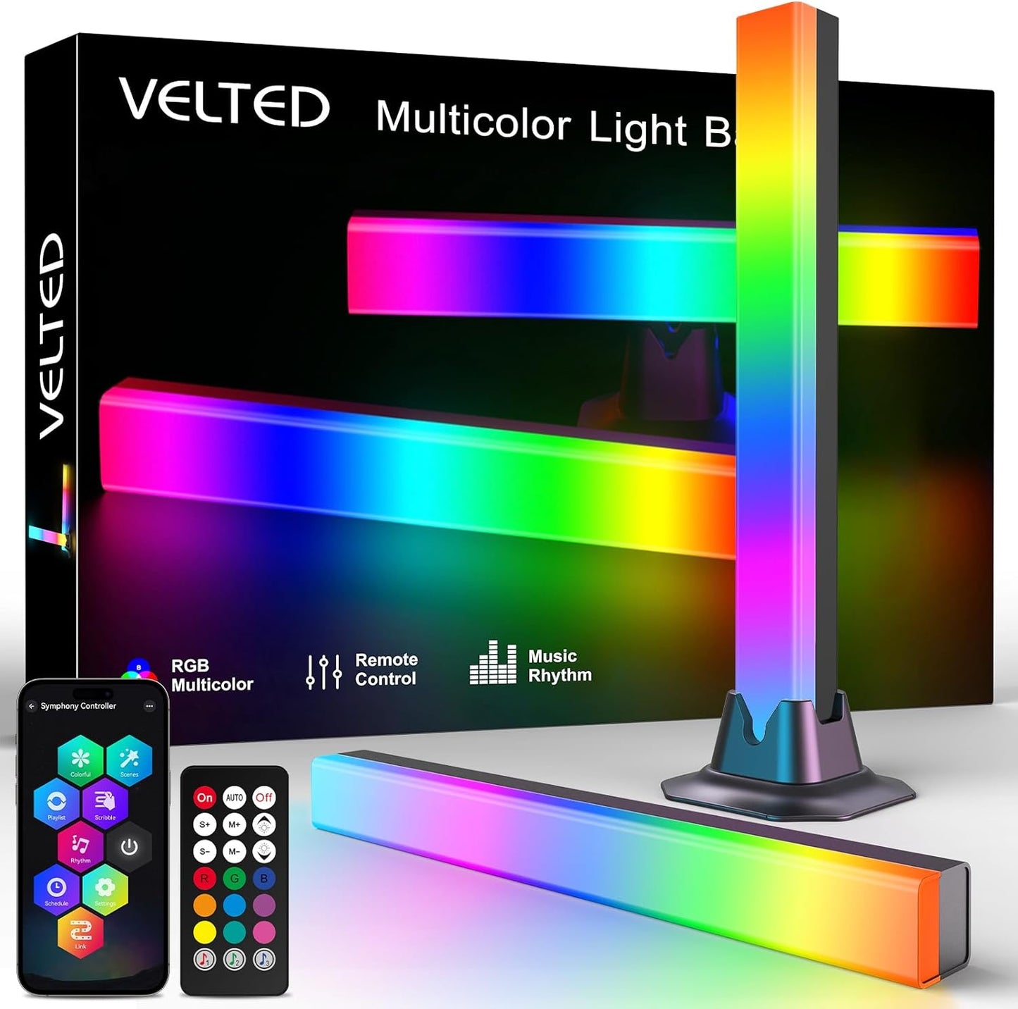 velted RGB Light Bar, Music Sync RGB IC LED Lights Bars, USB Powered Ambient Lighting, Remote Control Color Changing Gaming TV Backlight, 8 Dynamic Modes for PC Room Monitor Desk