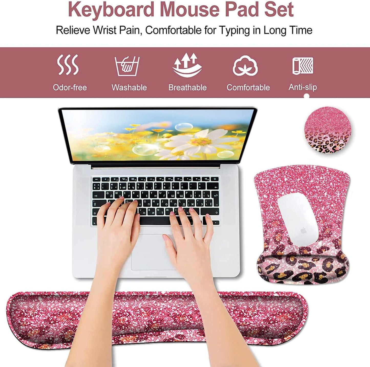 Mouse Pad with Wrist Support, Ergonomic Gel Mouse Pad Beautiful Flowers,Non-Slip Durable, Memory Foam Keyboard Wrist Rest, Suitable for Office Typing Games, Pink Hyacinths on Wood Panel