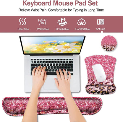 Mouse Pad with Wrist Support, Ergonomic Gel Mouse Pad Beautiful Flowers,Non-Slip Durable, Memory Foam Keyboard Wrist Rest, Suitable for Office Typing Games, Pink Hyacinths on Wood Panel