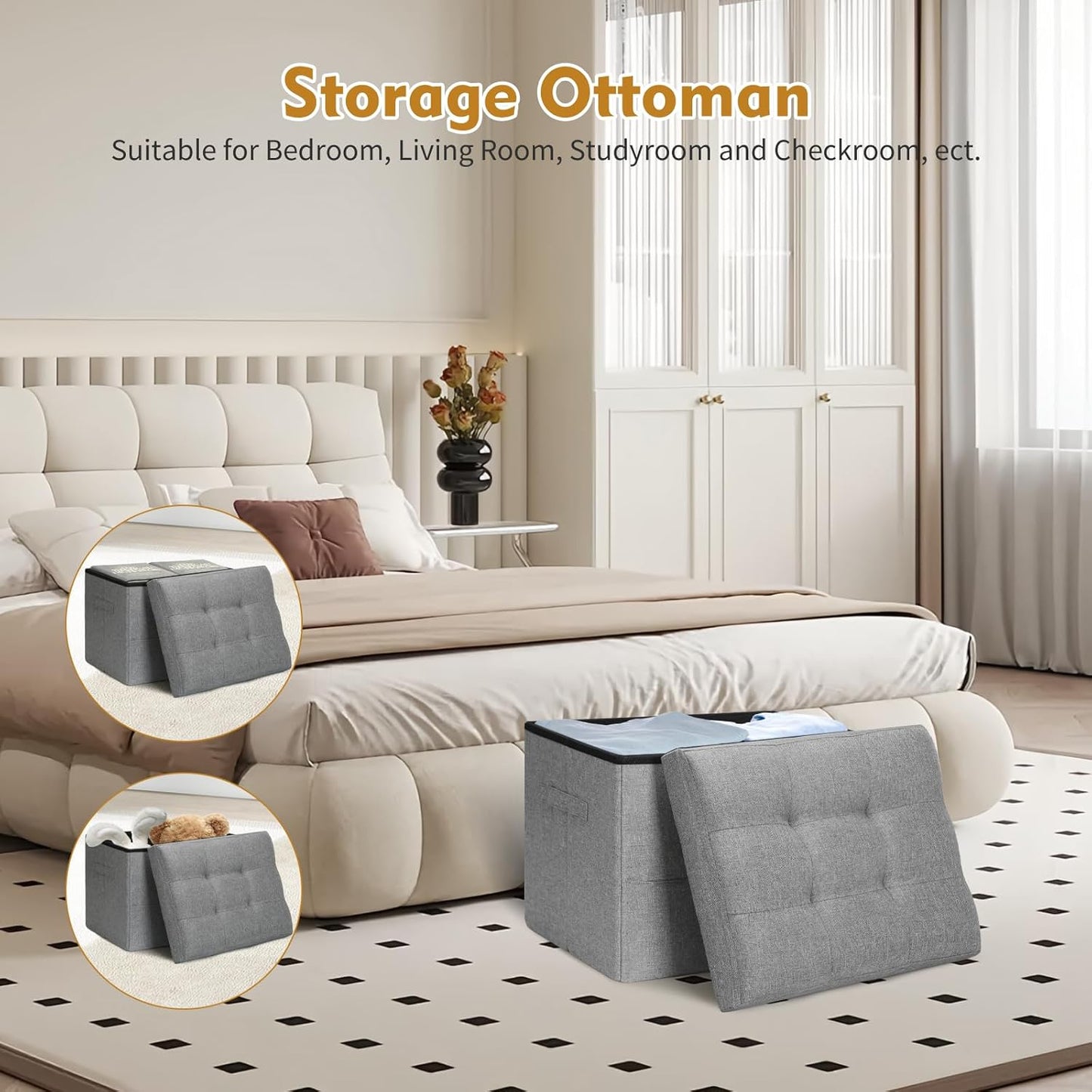 Storage Ottoman with Extra Thick Foam Padded Seat, Foldable Foot Rest Stool with Linen Fabric, 43L Ottoman with Storage Bench for Bedroom Living Room, Holds Up to 300lbs, 17x13x13in, Dark Gray