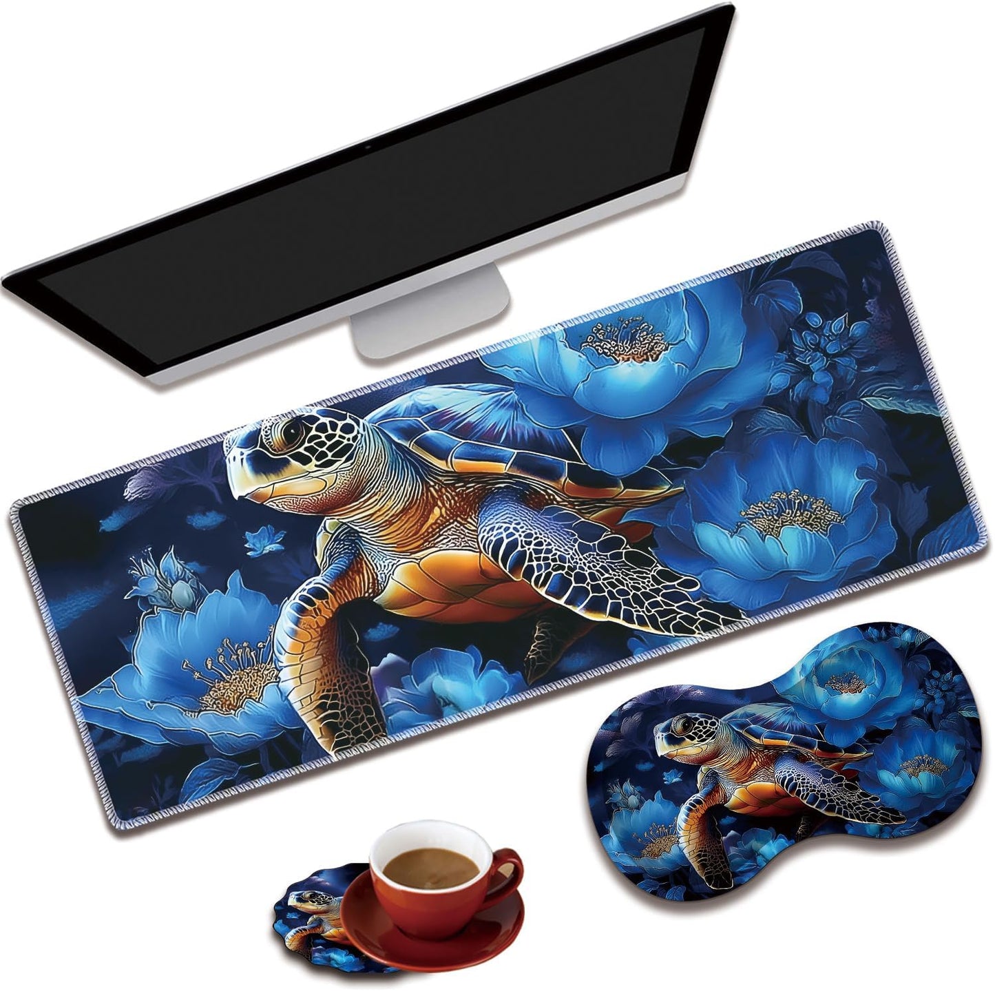 Mouse Wrist Rest and Keyboard Wrist Rest Pad Set, Non-Slip Rubber Base Smooth Surface Ergonomic Gaming Mouse Pad for Easy Typing and Pain Relief, Antique Blue Wood Grain Dog Paw + Coaster