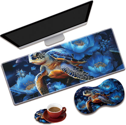 Mouse Wrist Rest and Keyboard Wrist Rest Pad Set, Non-Slip Rubber Base Smooth Surface Ergonomic Gaming Mouse Pad for Easy Typing and Pain Relief, Antique Blue Wood Grain Dog Paw + Coaster
