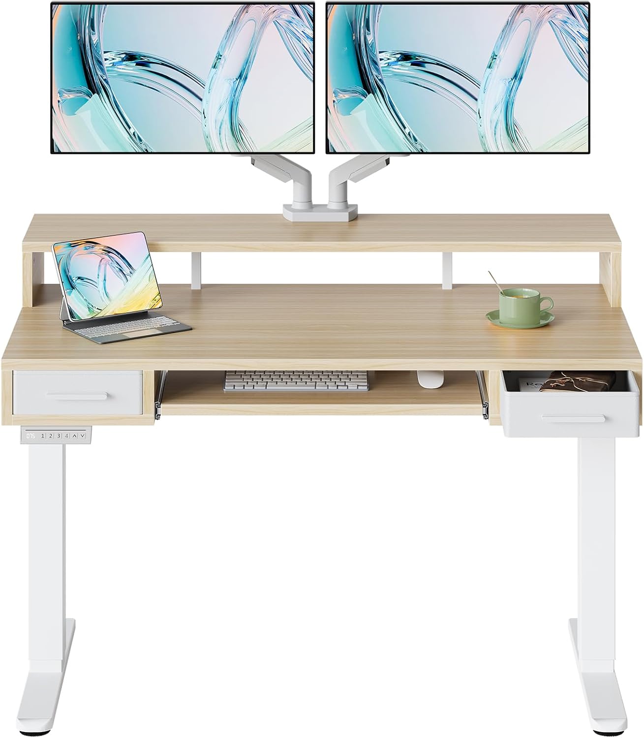 HUANUO 55″ x 26″ Electric Standing Desk with 2 Drawers &24.4″ Large Keyboard Tray, C-Clamp Mount Compatible, Adjustable Computer Desk for Office, Sit Stand Up Desk with 4 Height Presets, Light Walnut