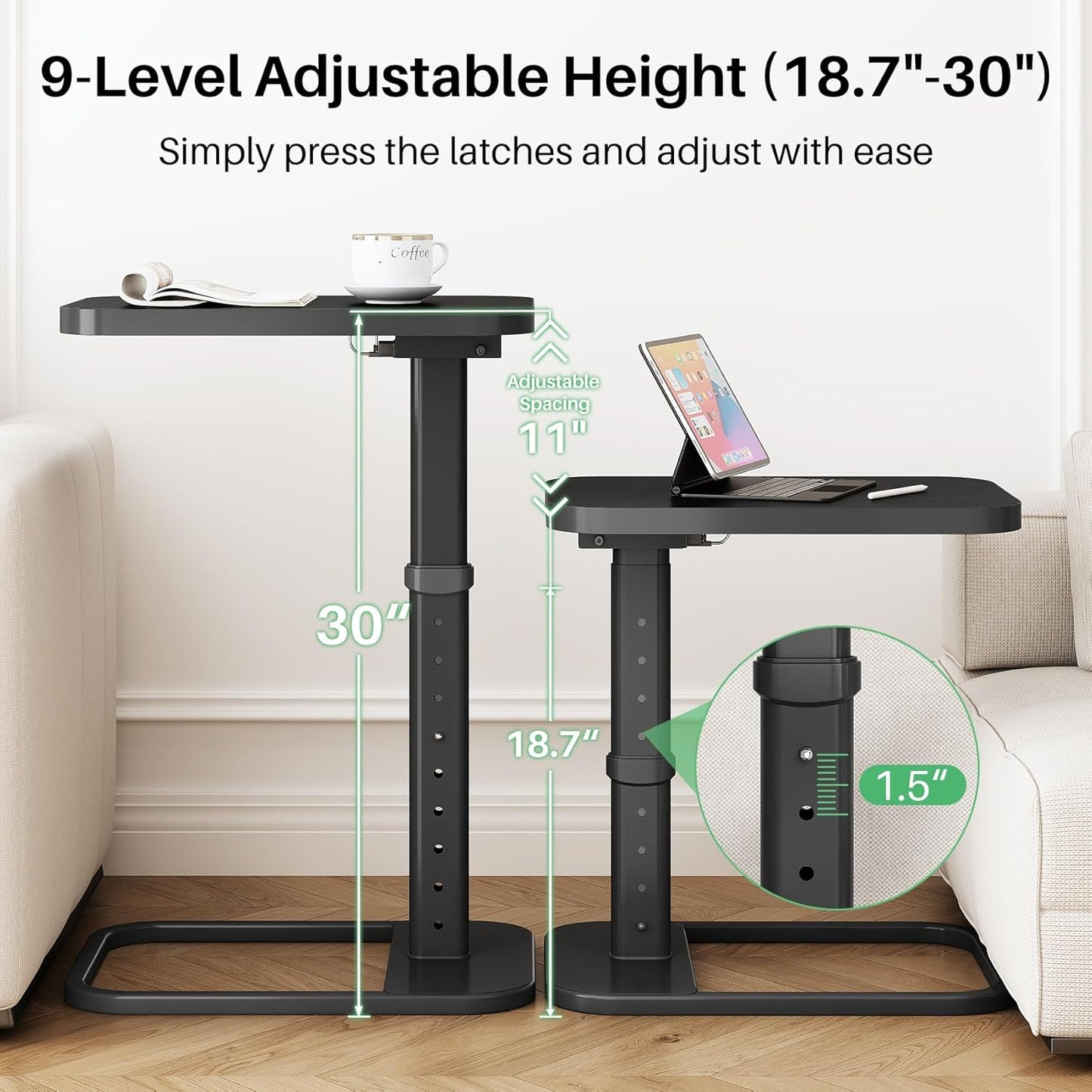 Kitstorack TV Tray Table, Adjustable Height & Flip-Top & Rounded Metal Corners, Snack Table for Couch, Sofa, Bed, Chair, Living Room, C Shaped End Side Table for Eating, Dinner or Laptop, Small Spaces