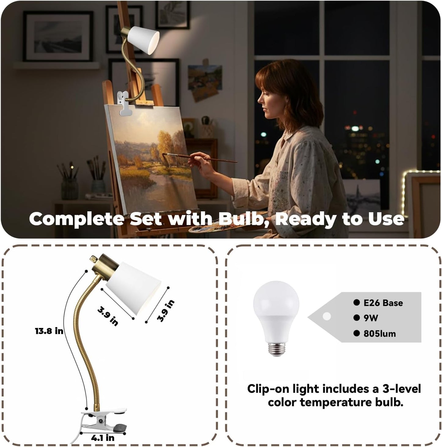 Desk lamp Eye-Caring Table Lamps, 360°Rotation Gooseneck Clip on Lamp Reading Light Portable Reading Book Light Clamp Study Desk Lamps for Bedroom and Office Home Lighting (Black)