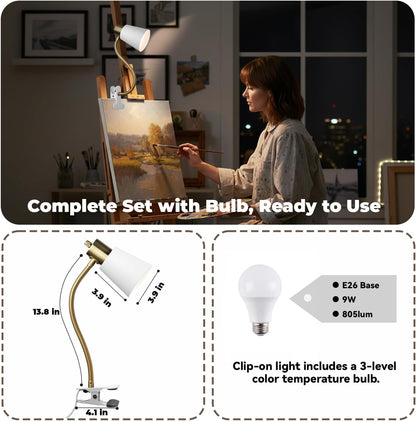 Desk lamp Eye-Caring Table Lamps, 360°Rotation Gooseneck Clip on Lamp Reading Light Portable Reading Book Light Clamp Study Desk Lamps for Bedroom and Office Home Lighting (Black)