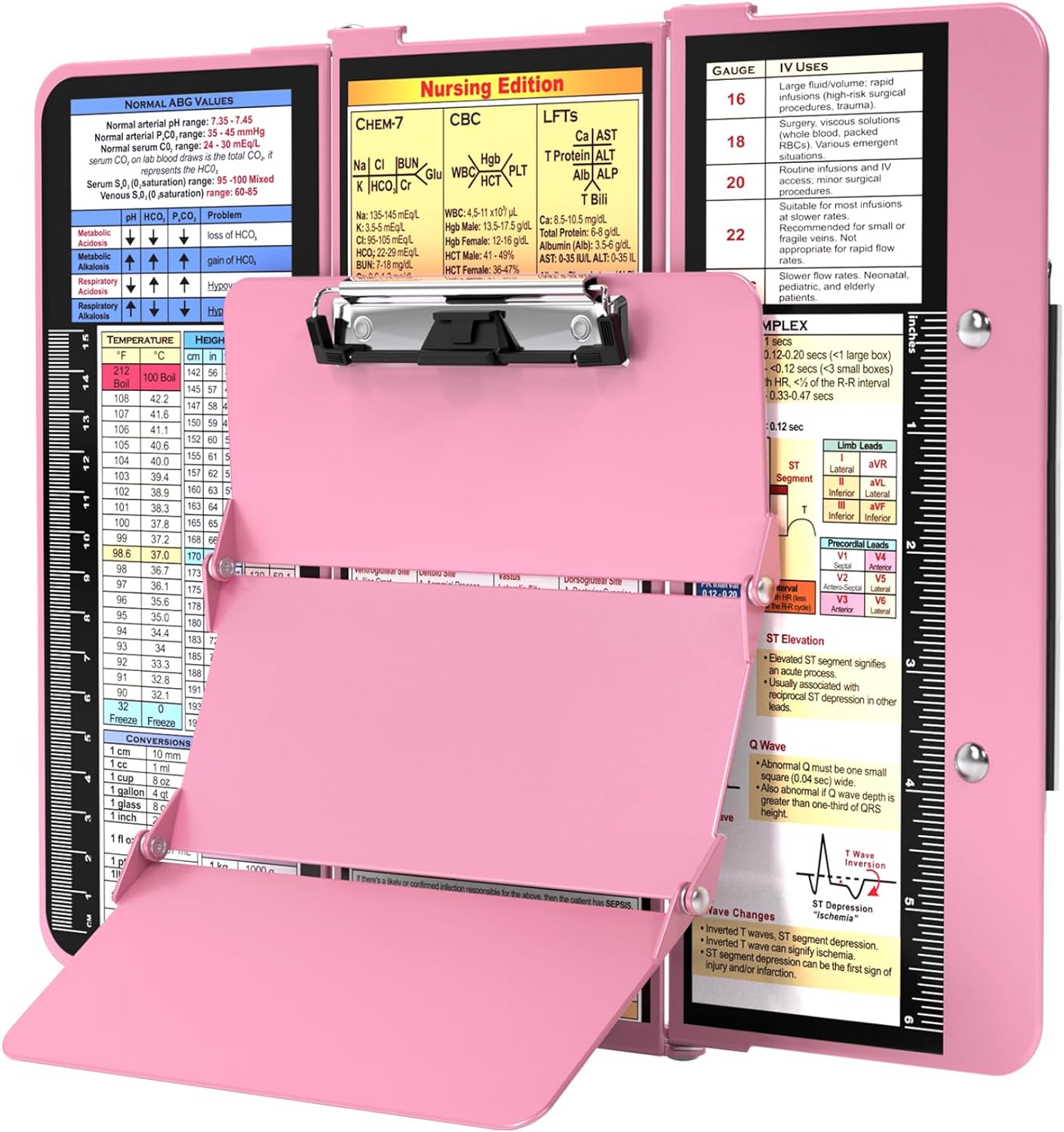 Nursing Clipboard Foldable, Foldable Clipboard w/Nursing Edition Cheat Charts,3 Layers Aluminum, Nurse Clip Board w/Low Profile Clip&Pen Clip Pocket for Nurses and Doctors,Light Blue