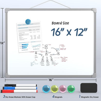 MaxGear Double-Sided Dry Erase Board for Wall, 16"x12" Hanging Whiteboard, Small Dry Erase White Board with 3 Markers and 4 Magnets, Portable Whiteboard for Planning, Drawing, Memo, to Do List