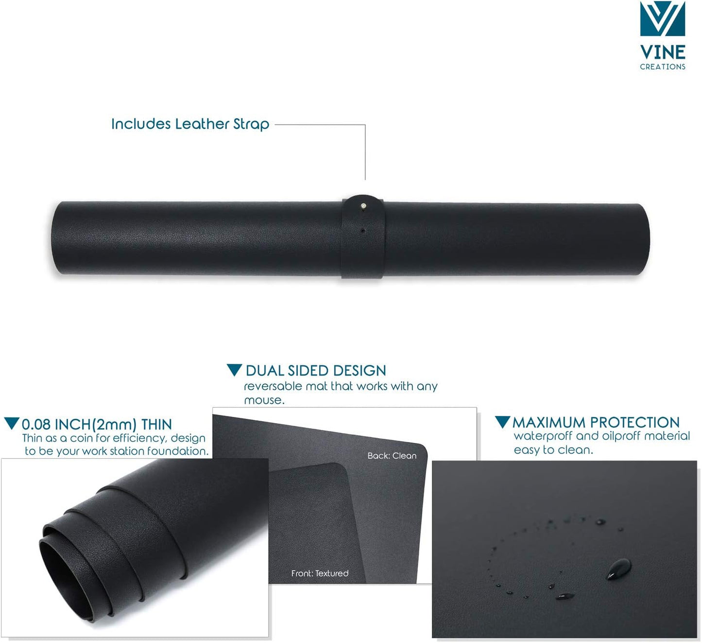 Leather Desk Pad 36" x 20", Vine Creations Office Desk Mat Waterproof Black - Premium Quality - Smooth Mouse Writing Surface - Maximum Protection Dual-Sided Pu Leather Blotter for Desk Office/Home