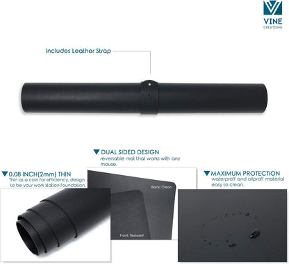 Leather Desk Pad 36" x 20", Vine Creations Office Desk Mat Waterproof Black - Premium Quality - Smooth Mouse Writing Surface - Maximum Protection Dual-Sided Pu Leather Blotter for Desk Office/Home
