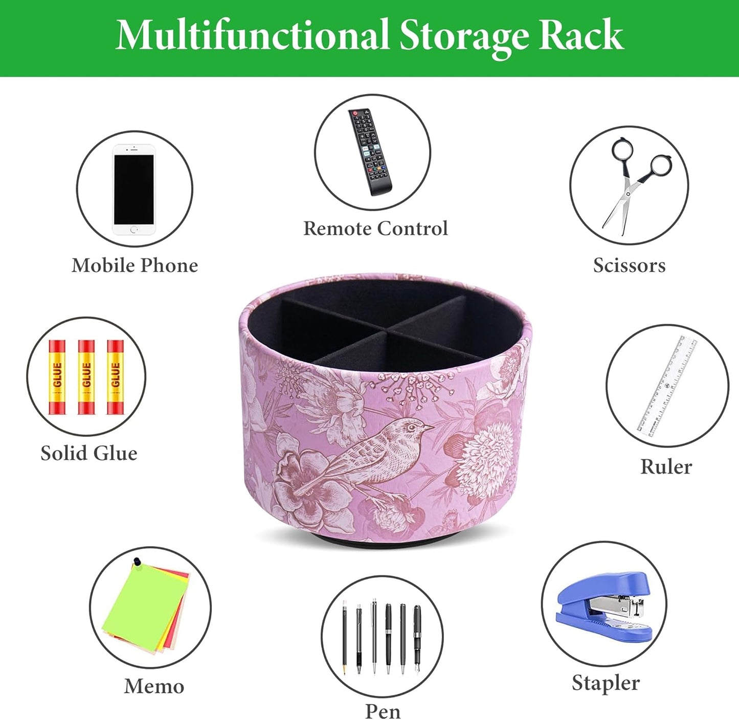Round Leather Art Supply Organizer,Remote Control Holder,360 Degree Rotating,Multi-Functional Pencil Holder,4 Compartments Desktop Stationary Organizer(1-Fractal Flower) | Round - Colors A
