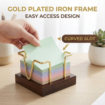 Wood Sticky Note Holder, 3 x 3 inch Self-Stick Note Memo Pad Holder for Desk, Notepad Dispenser for School Office, Gold