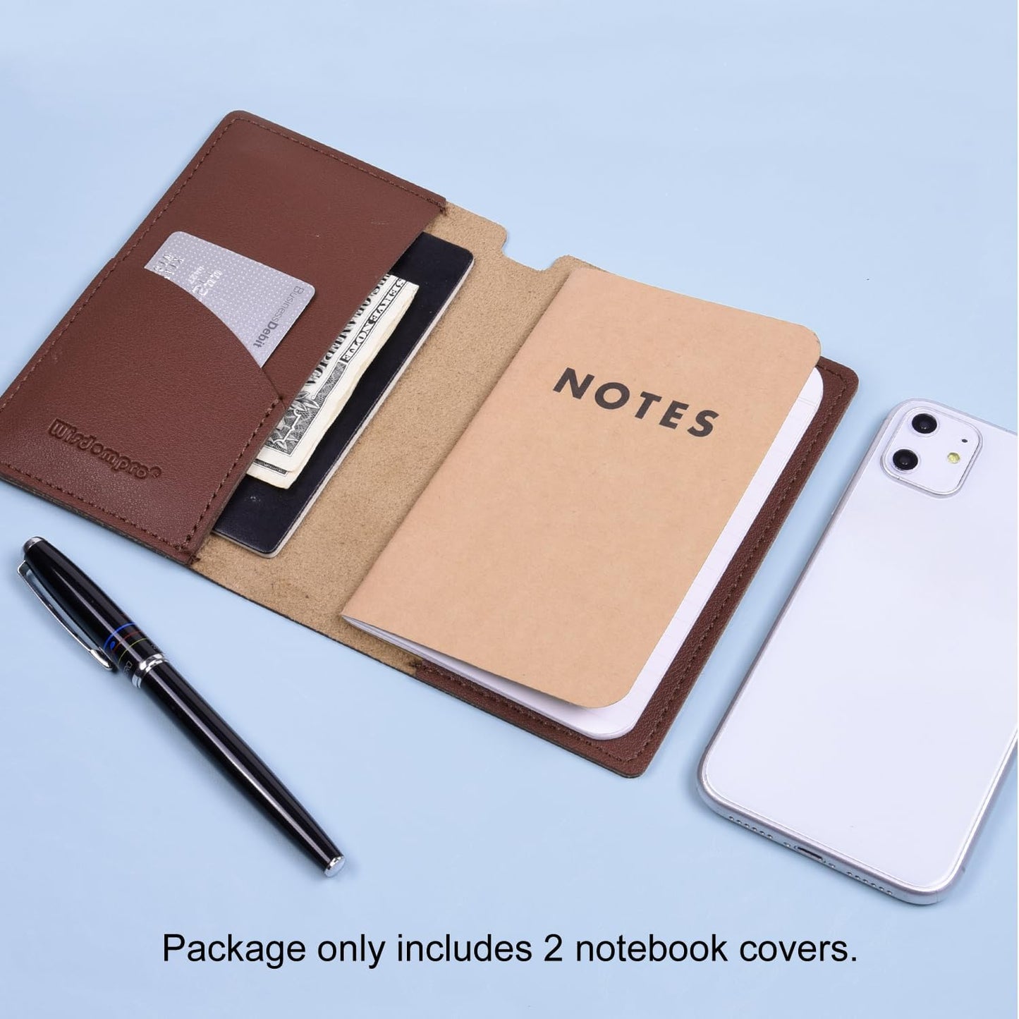 Wisdompro Journal Cover, 2 Pack PU Leather Notebook Cover for Field Notes, or other 3.5" x 5.5" Pocket Notebooks - Black