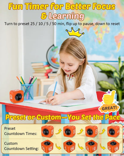 Digital Pomodoro Timer Cube 5/10/25/50min, Visual Productivity Flip Timer for Kids Classroom Desk, Custom Countdown, Silent and Sound Mode for ADHD Study Work Game Kitchen (Pink)