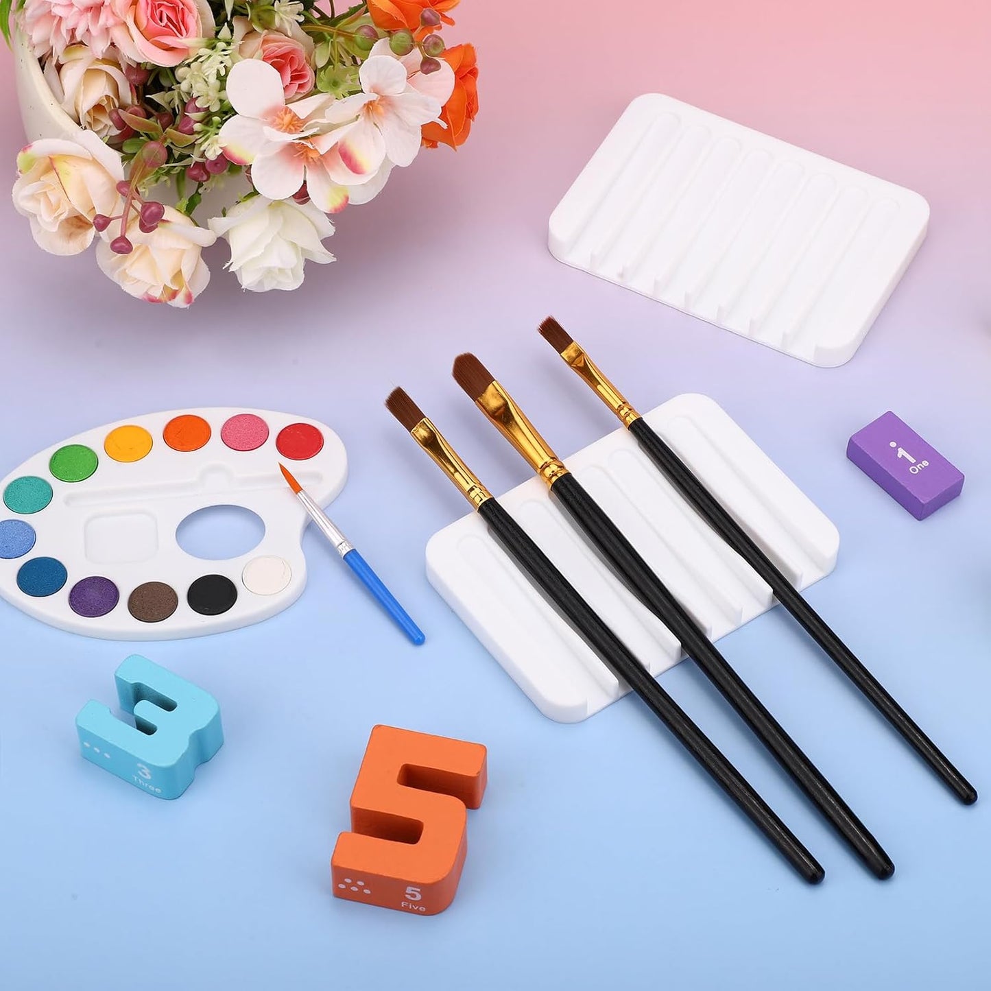Penitue 2pcs Paint Brush Holders, Silicone Washable Paint Brush Organizer Stand with 8 Slots Paintbrush Rinse Holder for Oil Acrylic Watercolor Painting (Transparent & Blue)
