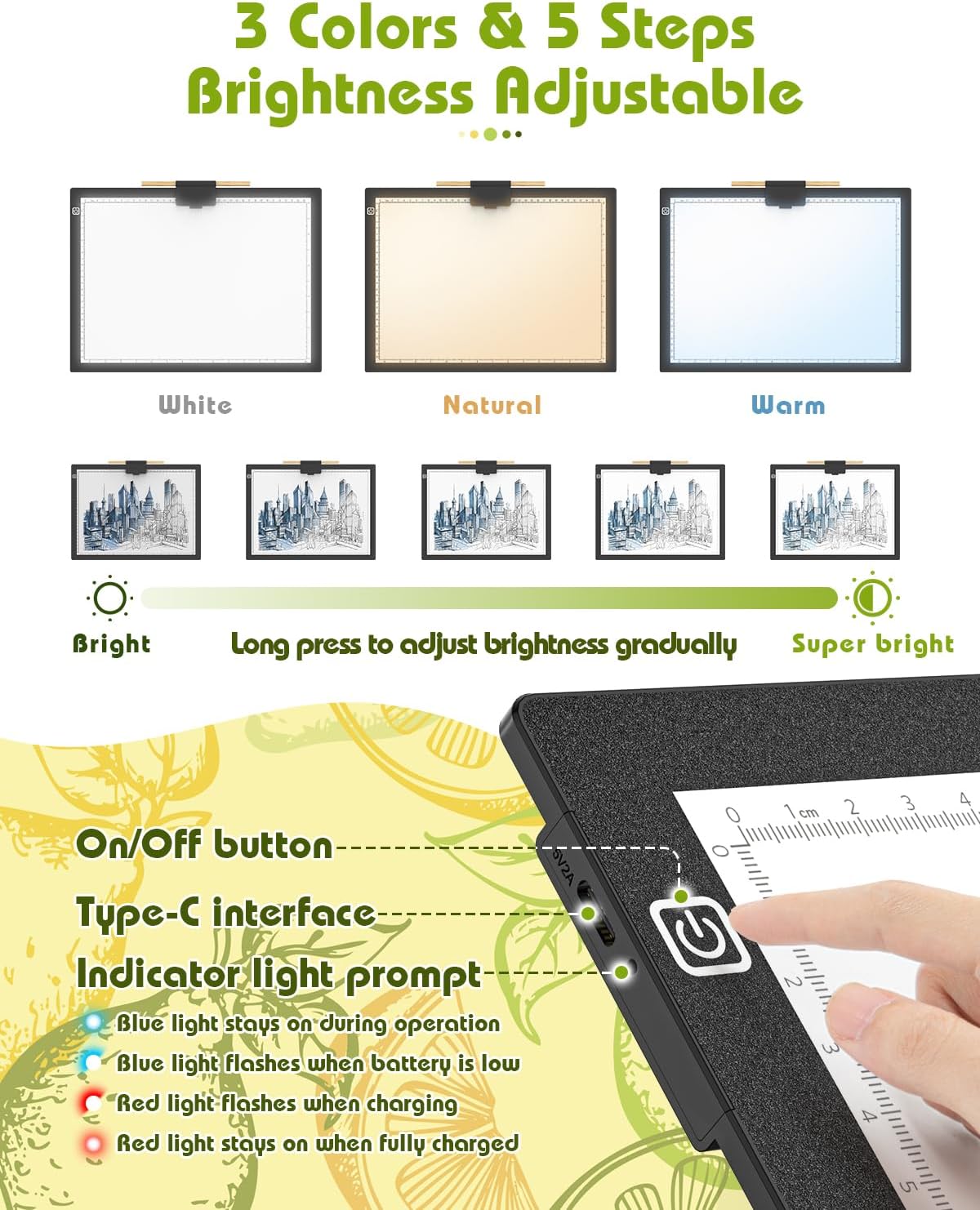 A3 Light Board for Diamond Painting, Rechargeable Battery Light Pad, Magnetic Tracing Light Box, Ultra-Thin Copy Board with 3 Colors& 6 Levels Adjustable Brightness for Drawing, Sketching, Animation